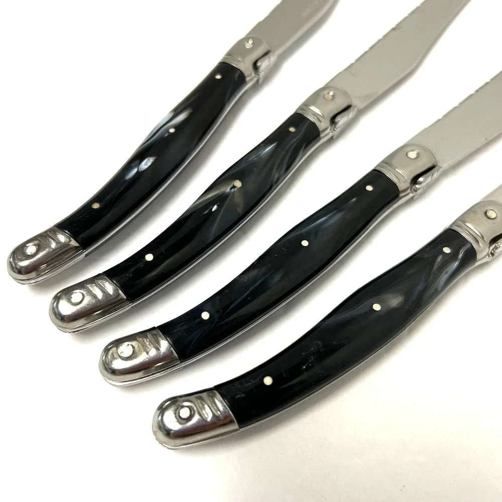 Vintage Crofton Black Marbled Bumble Bee Serrated Steel Steak Knives 9
